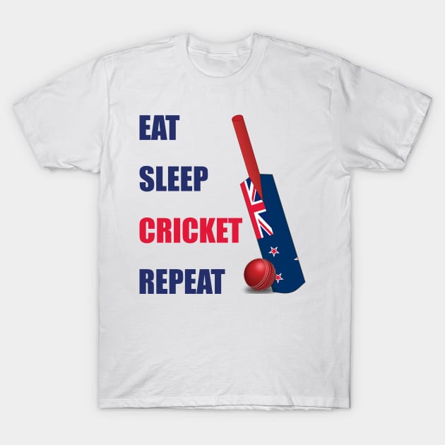 Eat Sleep Cricket Repeat New Zealand Flag Cricket Bat. T-Shirt by DPattonPD